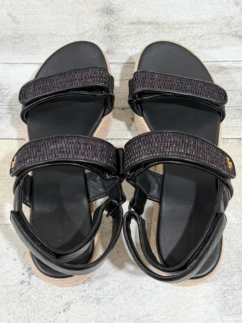 TORY BURCH Sport Platform Espadrille Sandals In Black Raffia Woven Leather Sz-9